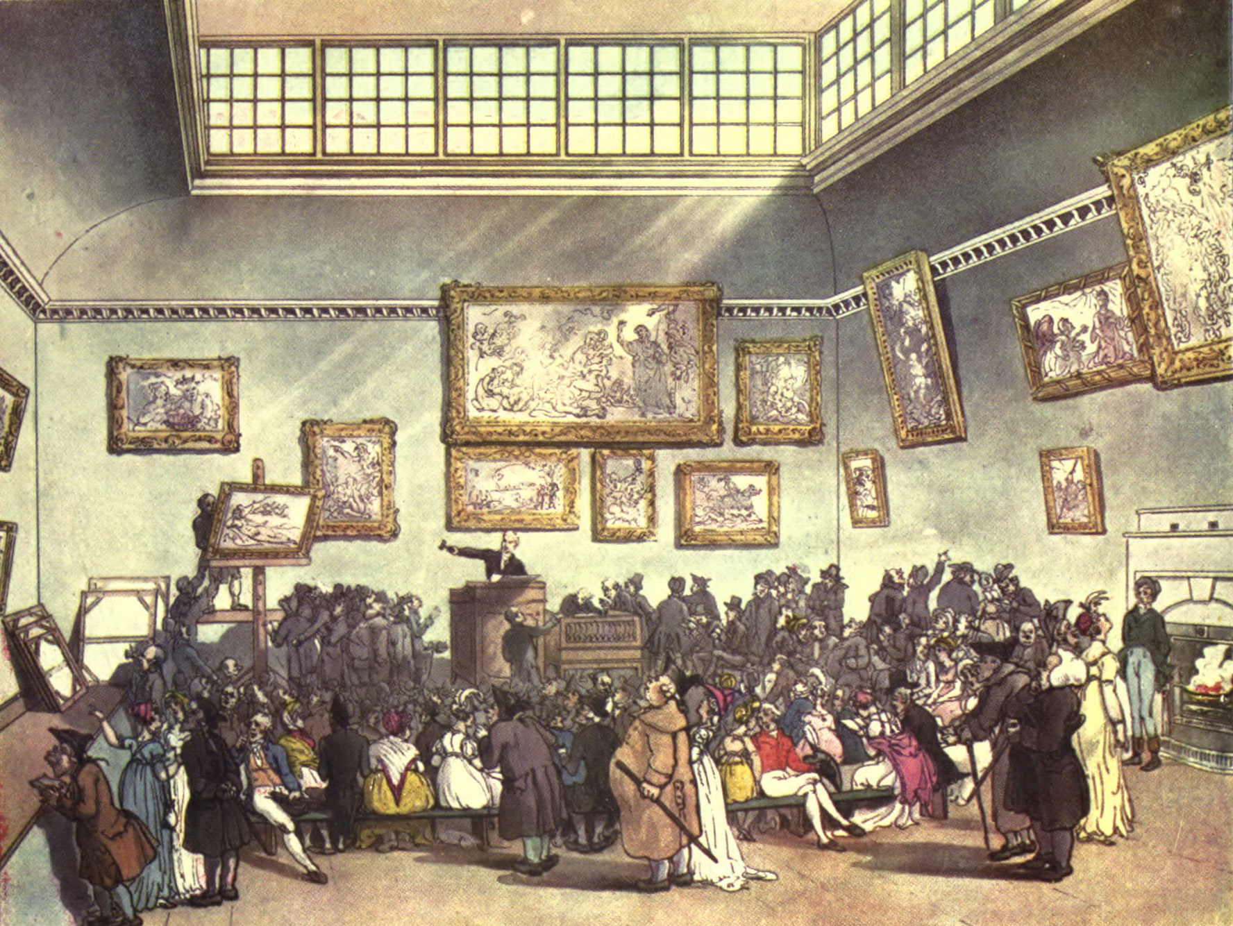 Gravure historique de la salle des ventes de Christie's a Londres, vers 1808